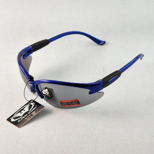 Global Vision Cougar motorcycle safety glasses with blue frame and gray flash mirror lens