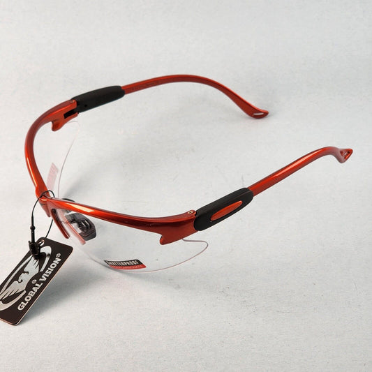 Global Vision Cougar motorcycle safety glasses with orange frame and clear lens
