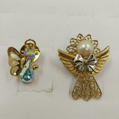 Gold tone angel brooch and lapel pin with pearl and rhinestones