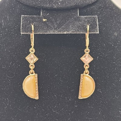Gold tone semicircle dangle earrings with clear rhinestones and pink beads