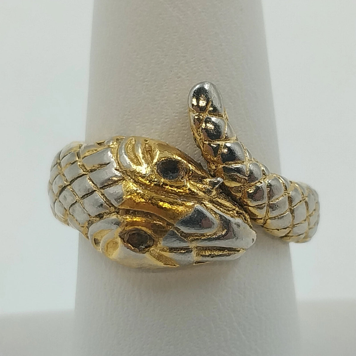 Gold tone snake wrap bypass ring with black eyes size 8