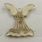 Gold tone open work angel brooch with white enamel and clear rhinestones