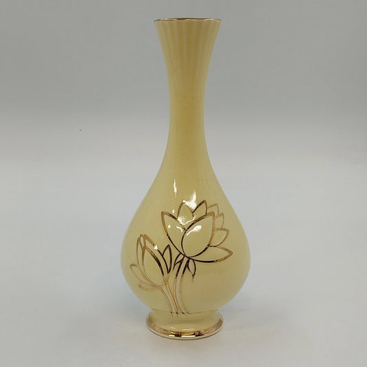 Golden Ware yellow ceramic bud vase with 22K gold lotus design
