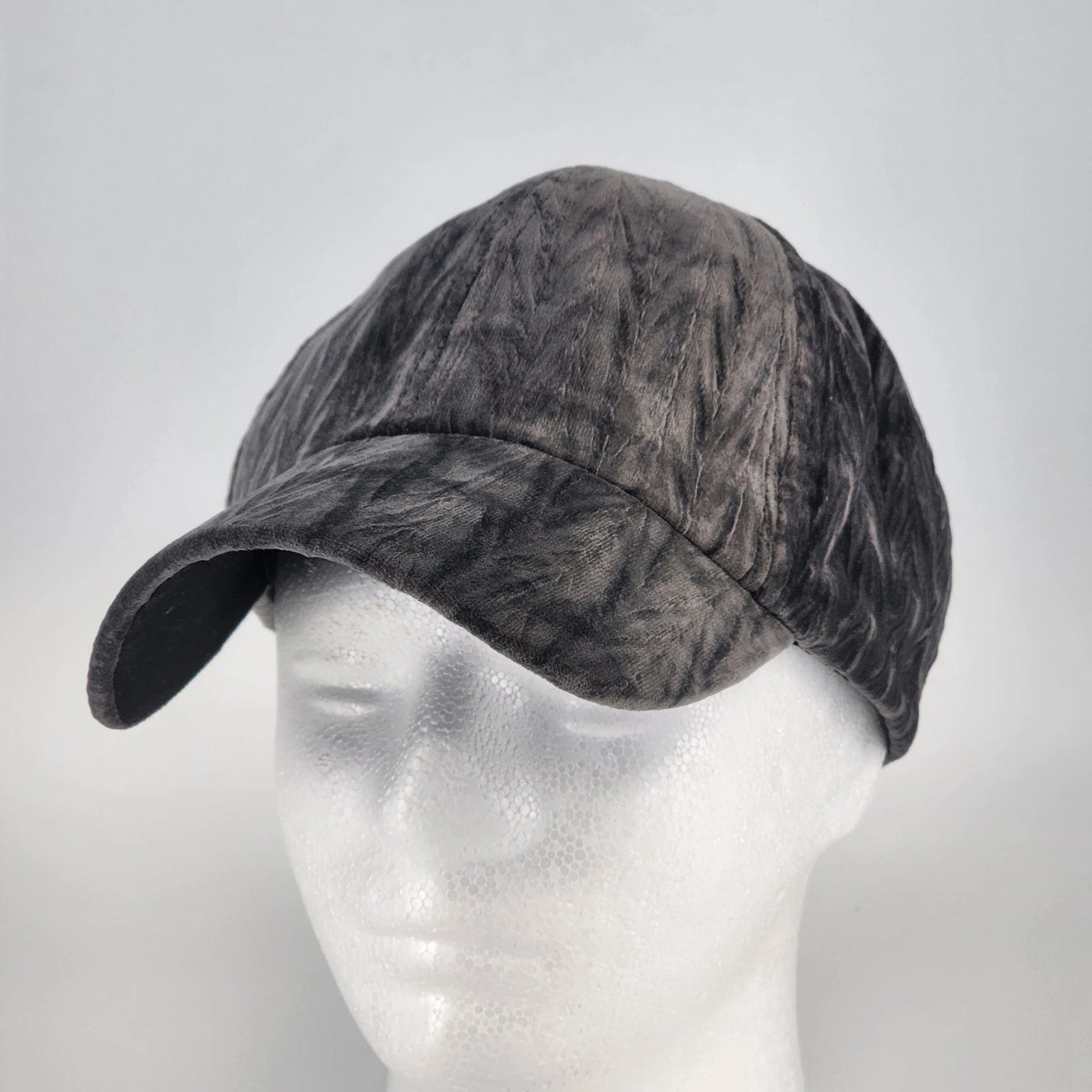 Gray velour baseball cap with adjustable hook and loop closure
