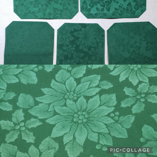Green poinsettia and holly holiday tablecloth with five matching placemats