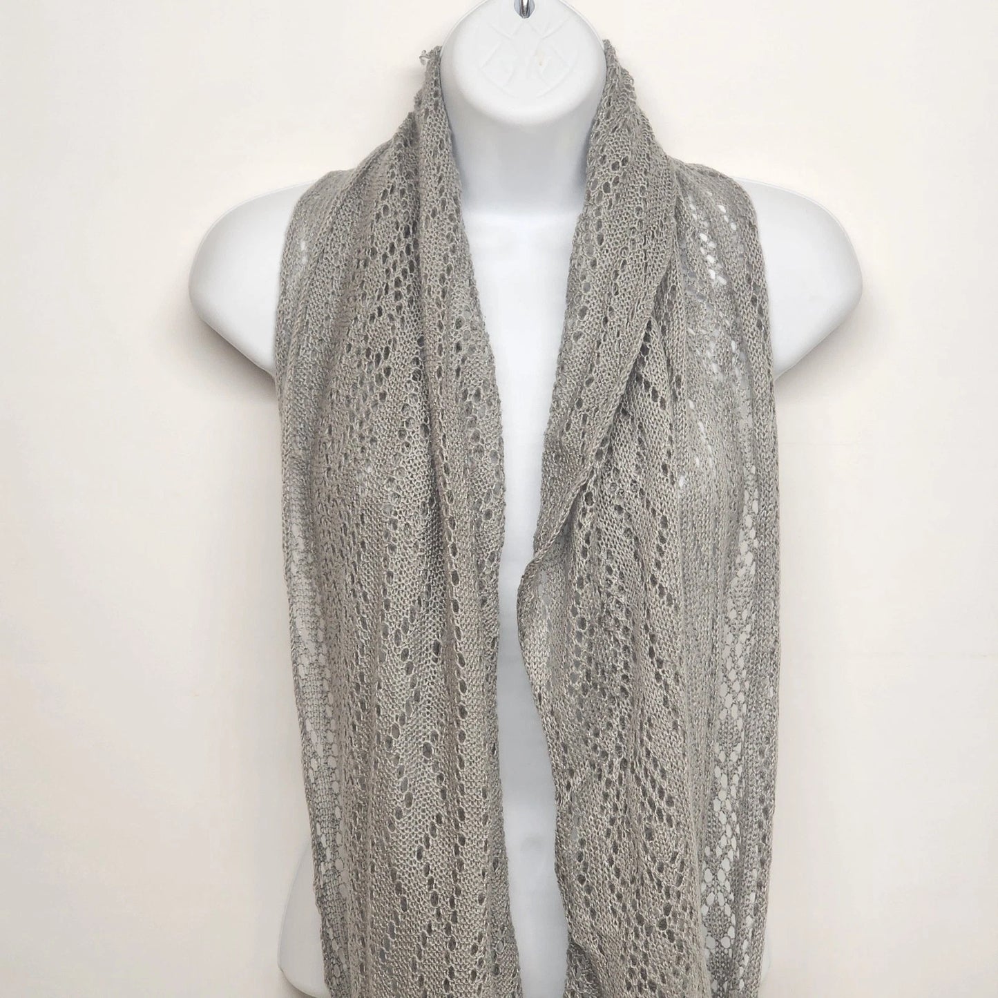 Grey lace knit scarf soft acrylic open weave boho shawl wrap