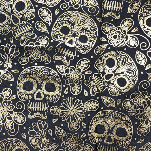 Black Halloween tablecloth with gold skull and gothic damask pattern