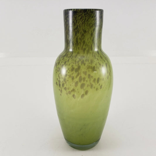 Hand blown green art glass vase with speckled splatter ribbed texture