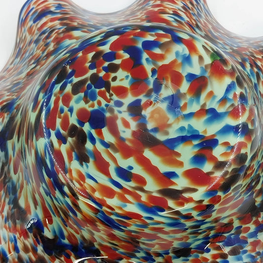 Hand blown white cased art glass bowl with multicolor spatter