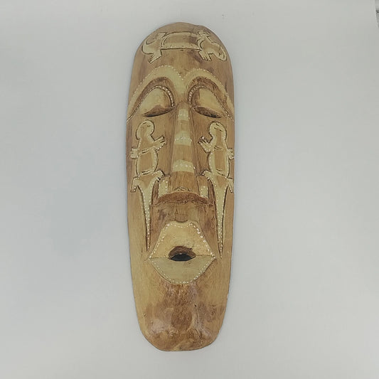 Hand carved wooden tribal mask with gecko lizard design wall hanging