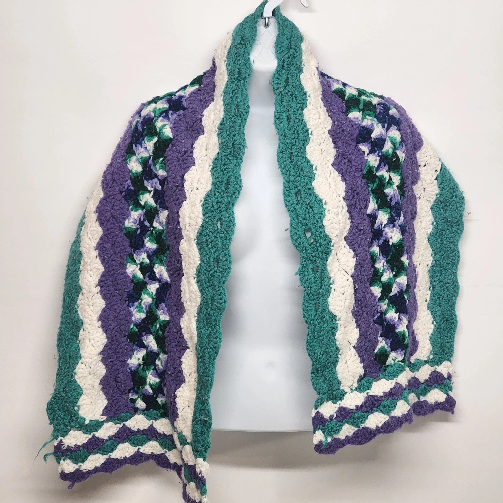 Hand crocheted purple and aqua wave pattern scarf with shimmer accents