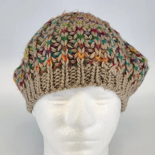 Hand knitted tan beret with rainbow flecks