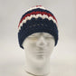 Handmade navy red and white crochet messy bun beanie