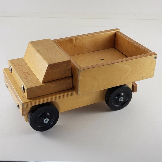 Handmade maple wooden dump truck vintage toy with swinging tailgate