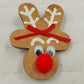 Handmade wooden reindeer brooch with red bow and orange nose