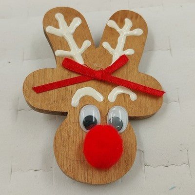 Handmade wooden reindeer brooch with red bow and orange nose
