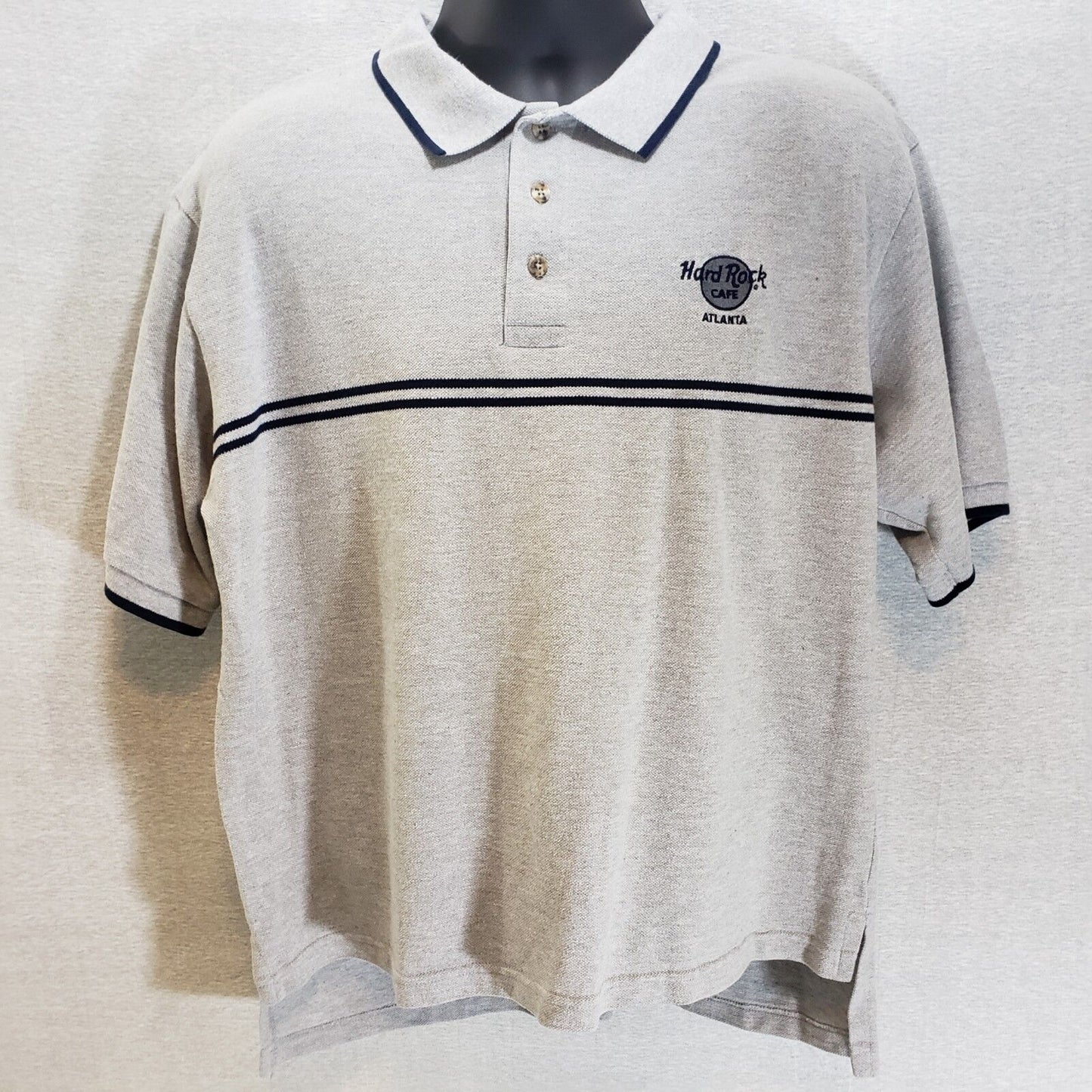 Hard Rock Cafe Atlanta men's large gray polo golf shirt with black stripes