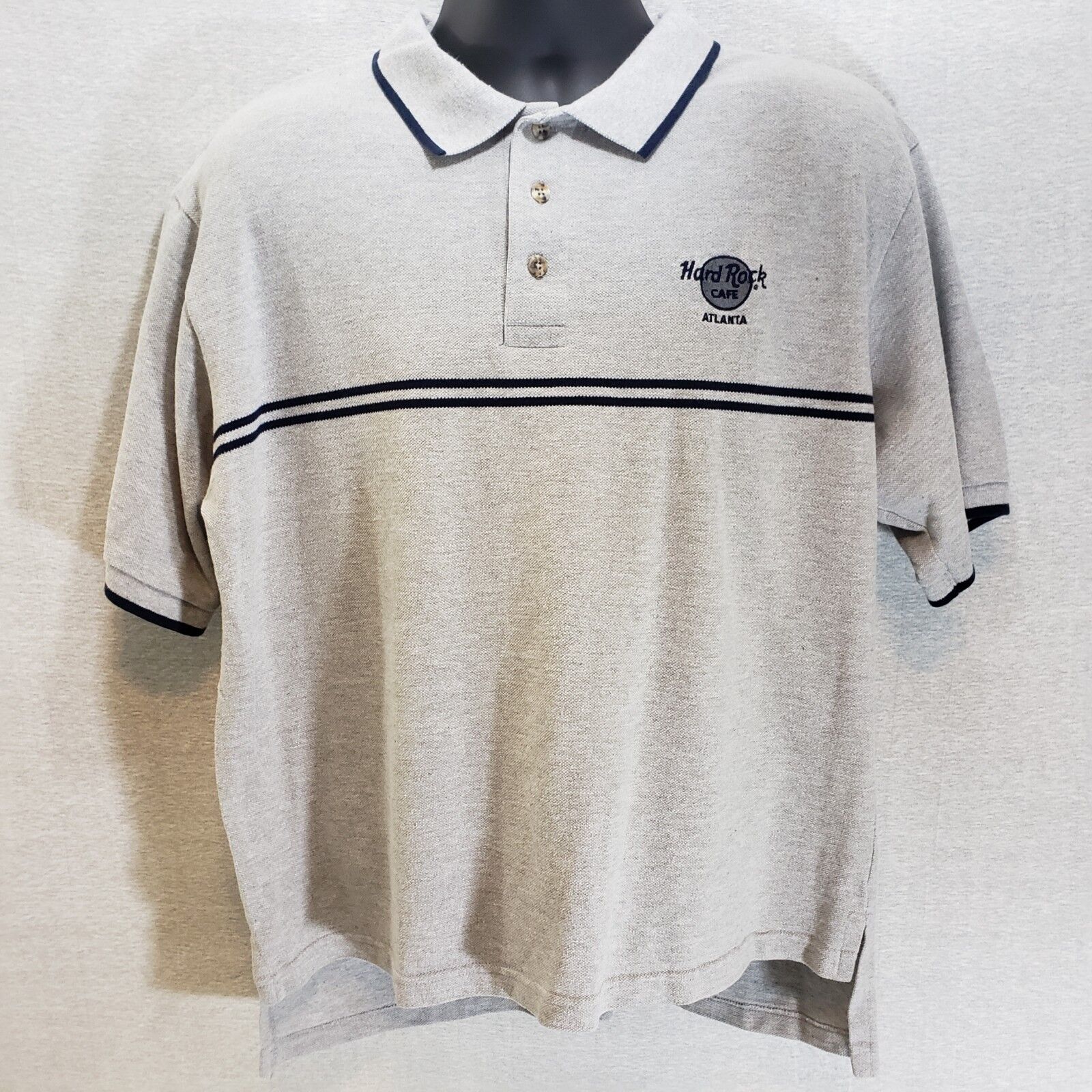 Hard Rock Cafe Atlanta men's large gray polo golf shirt with black stripes