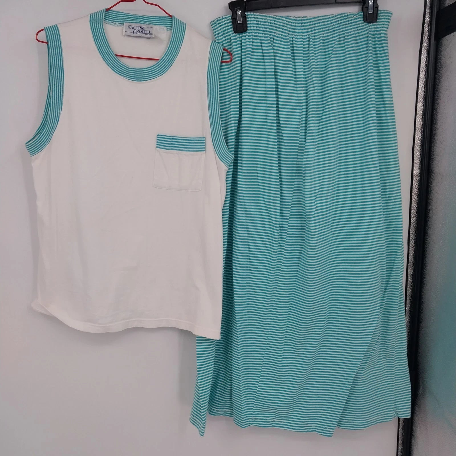 Hastings and Smith women's aqua and white striped tank top and skirt set