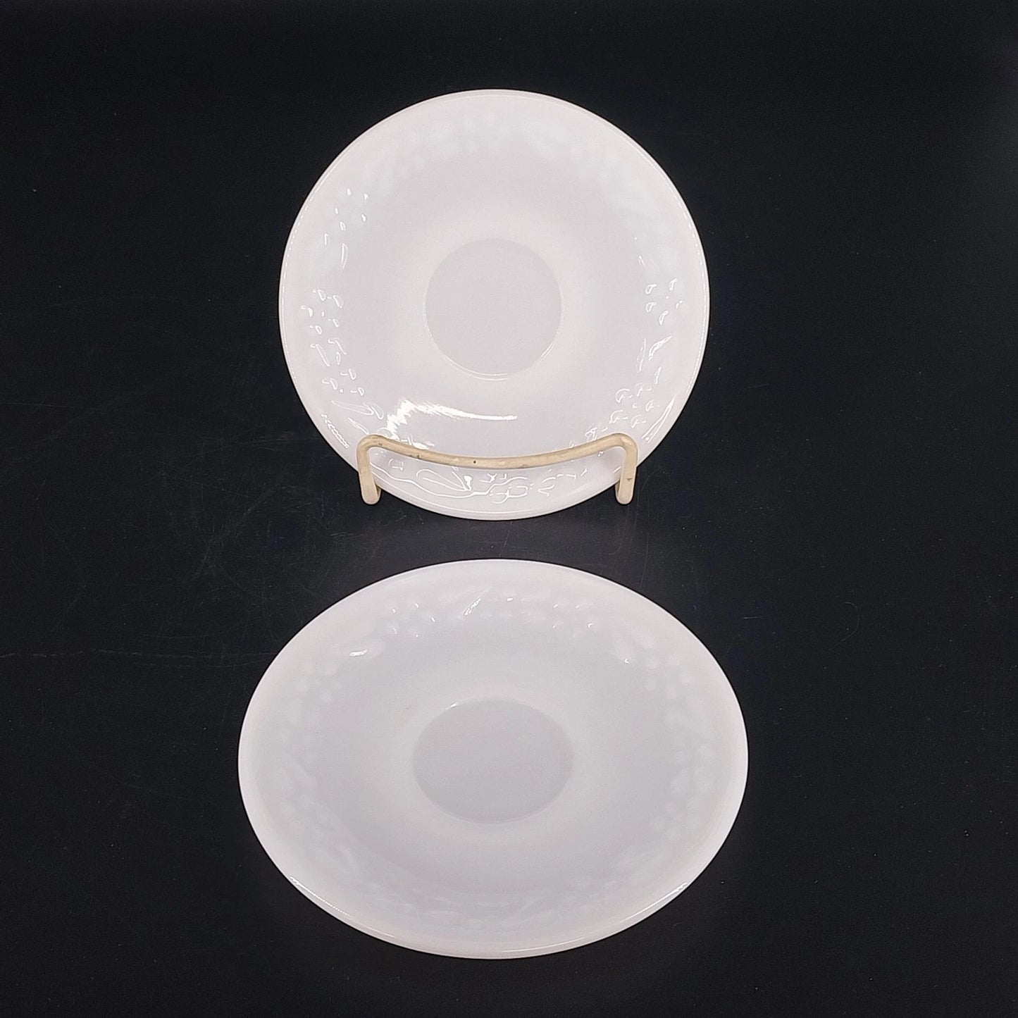 Vintage Hazel Atlas white milk glass saucers with grape floral design