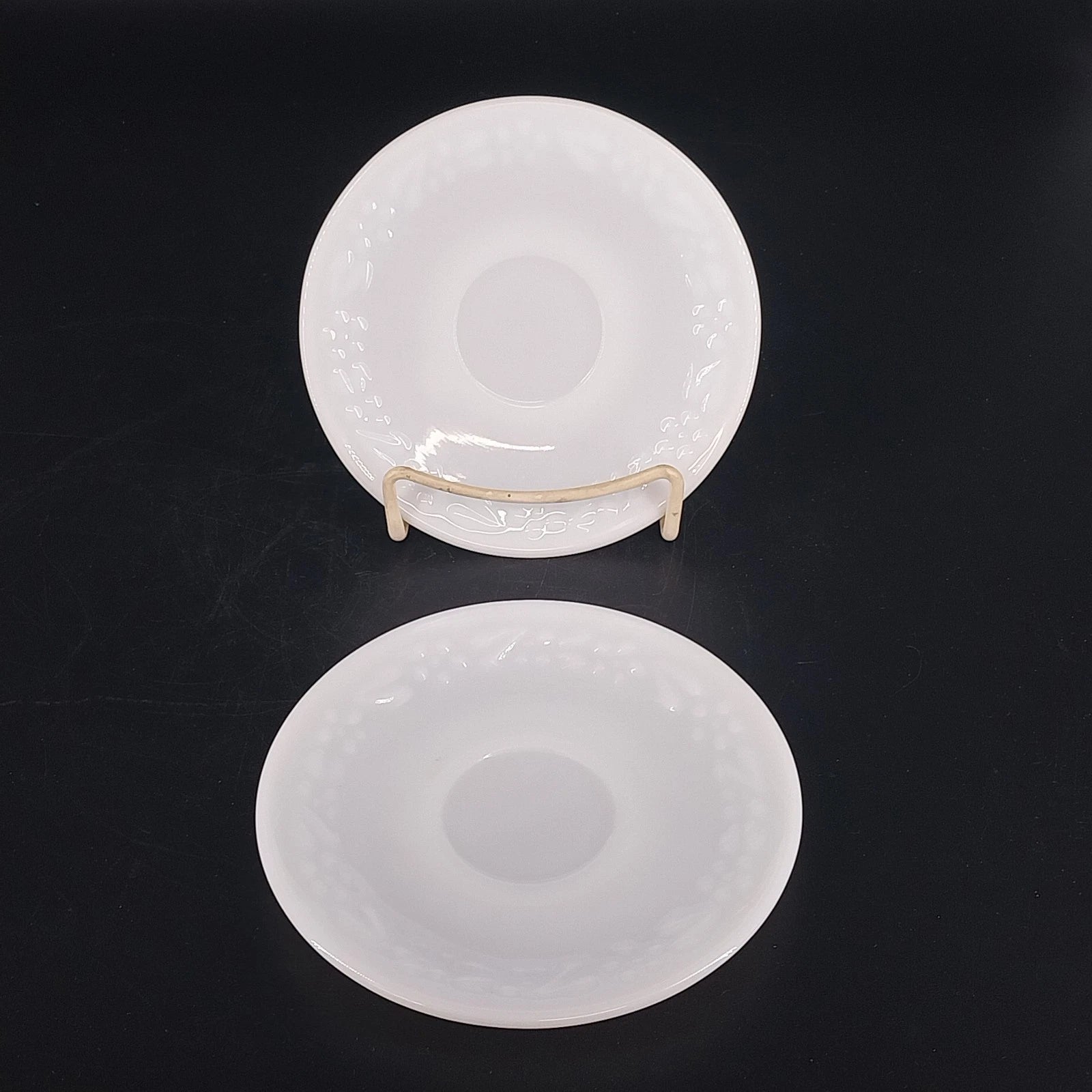 Vintage Hazel Atlas white milk glass saucers with grape floral design