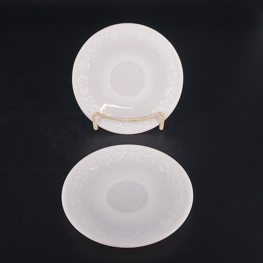 Vintage Hazel Atlas white milk glass saucers with grape floral design