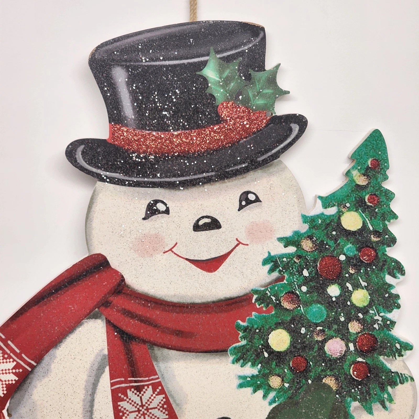 Large wooden snowman Christmas decoration with glitter accents