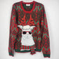 Red and green Holiday Time Christmas sweater with a 3D llama, sunglasses, antlers, and scarf.