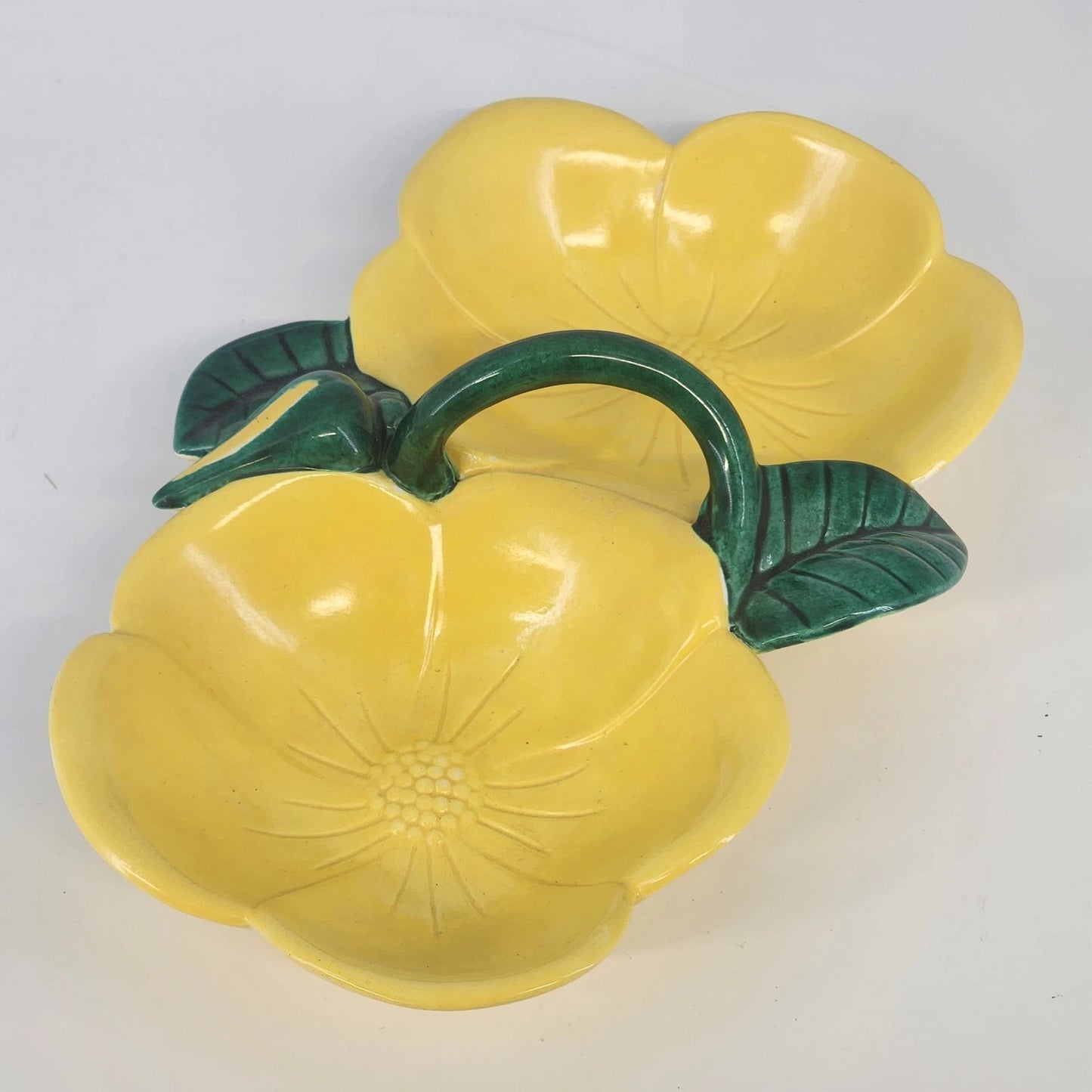 Vintage yellow hibiscus divided ceramic serving dish with green leaf handle