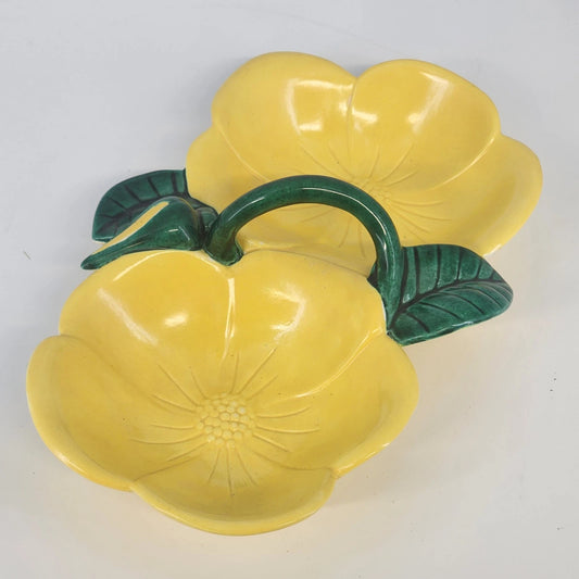Vintage yellow hibiscus divided ceramic serving dish with green leaf handle