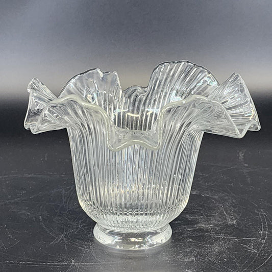 Clear ribbed glass lamp shade with ruffled rim Holophane style