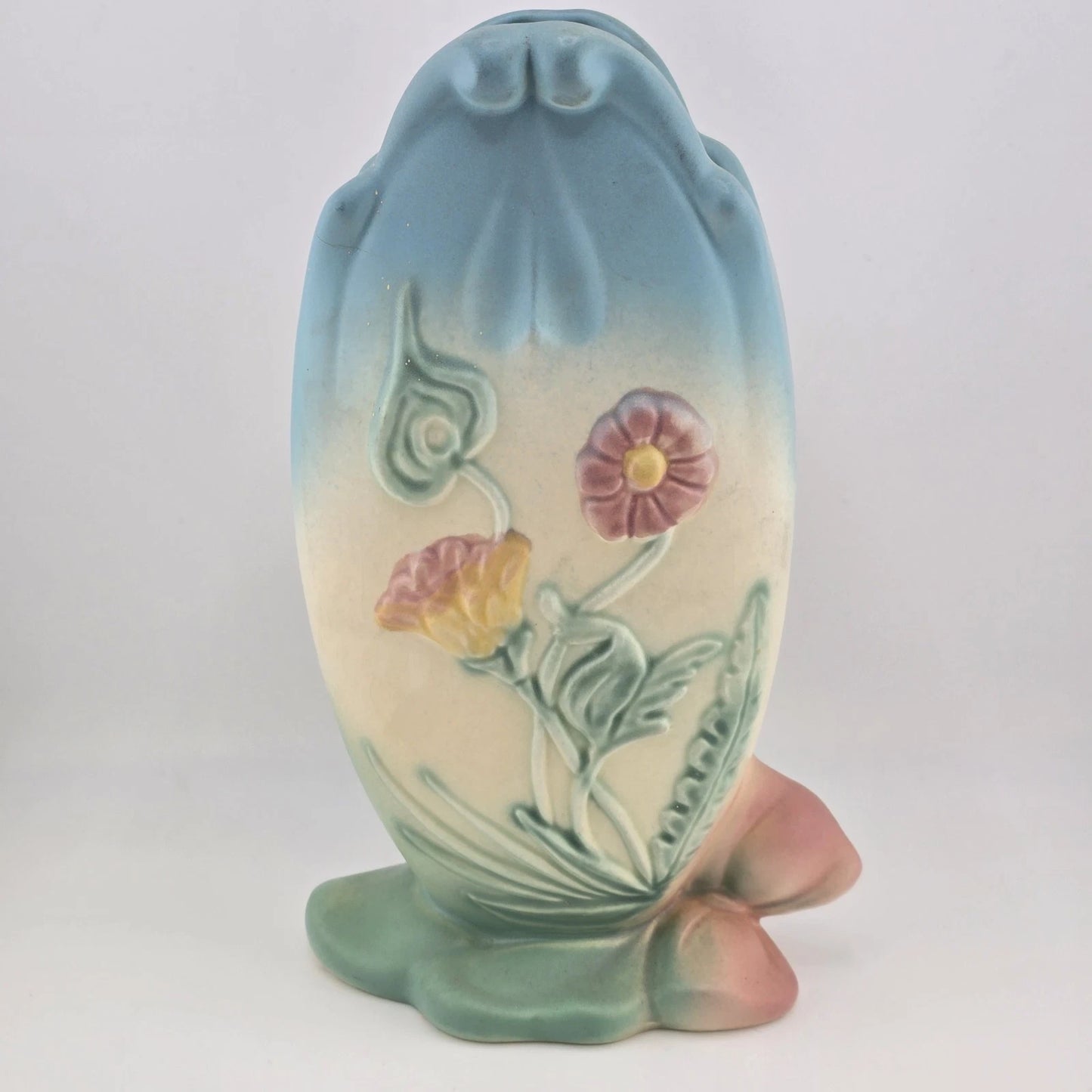 Vintage Hull Art Pottery Bow Knot vase with blue gradient and pink bow