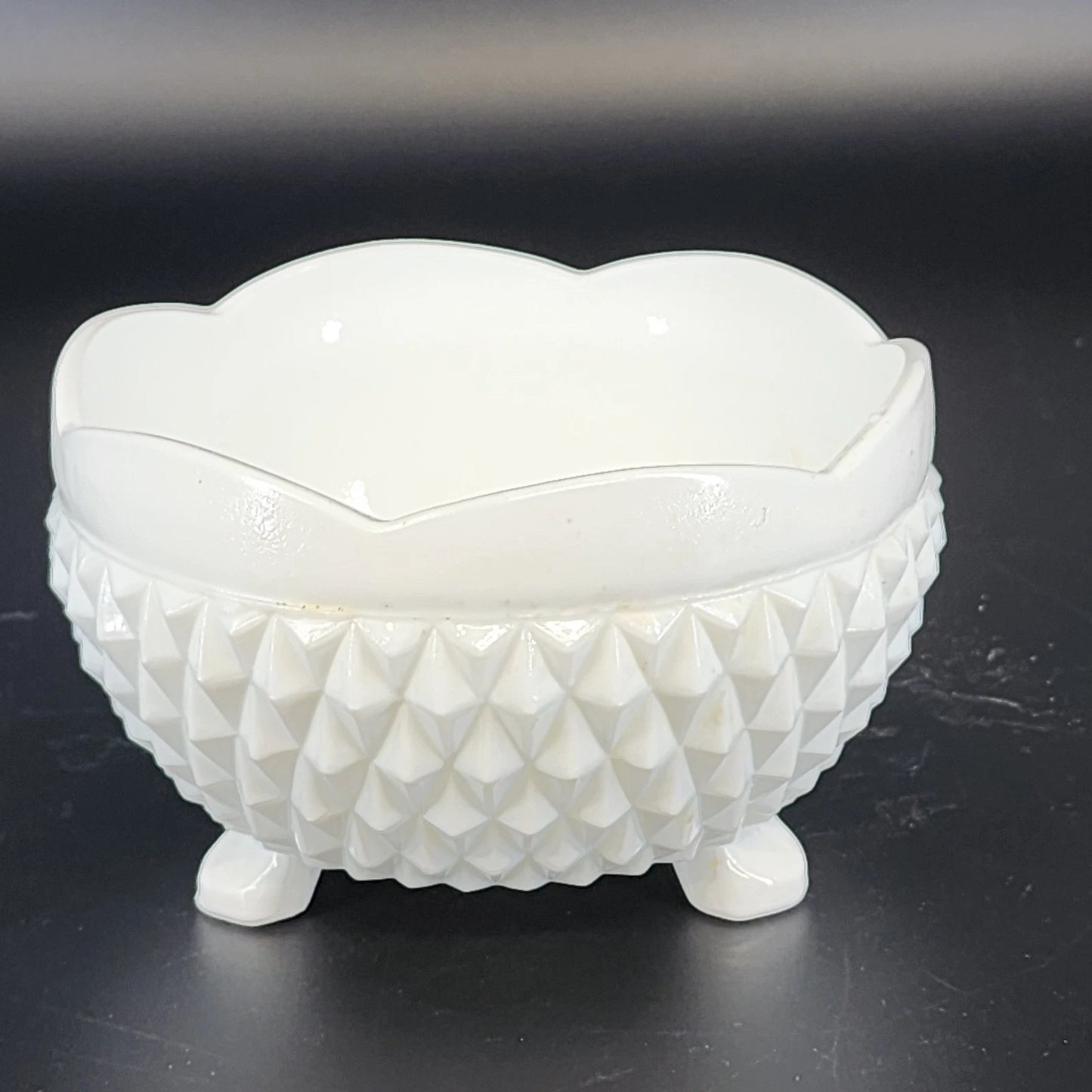 Vintage Indiana Diamond Point milk glass footed candy bowl