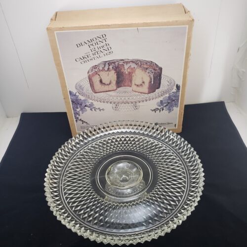 Vintage Indiana Glass Diamond Point pedestal cake stand with original box