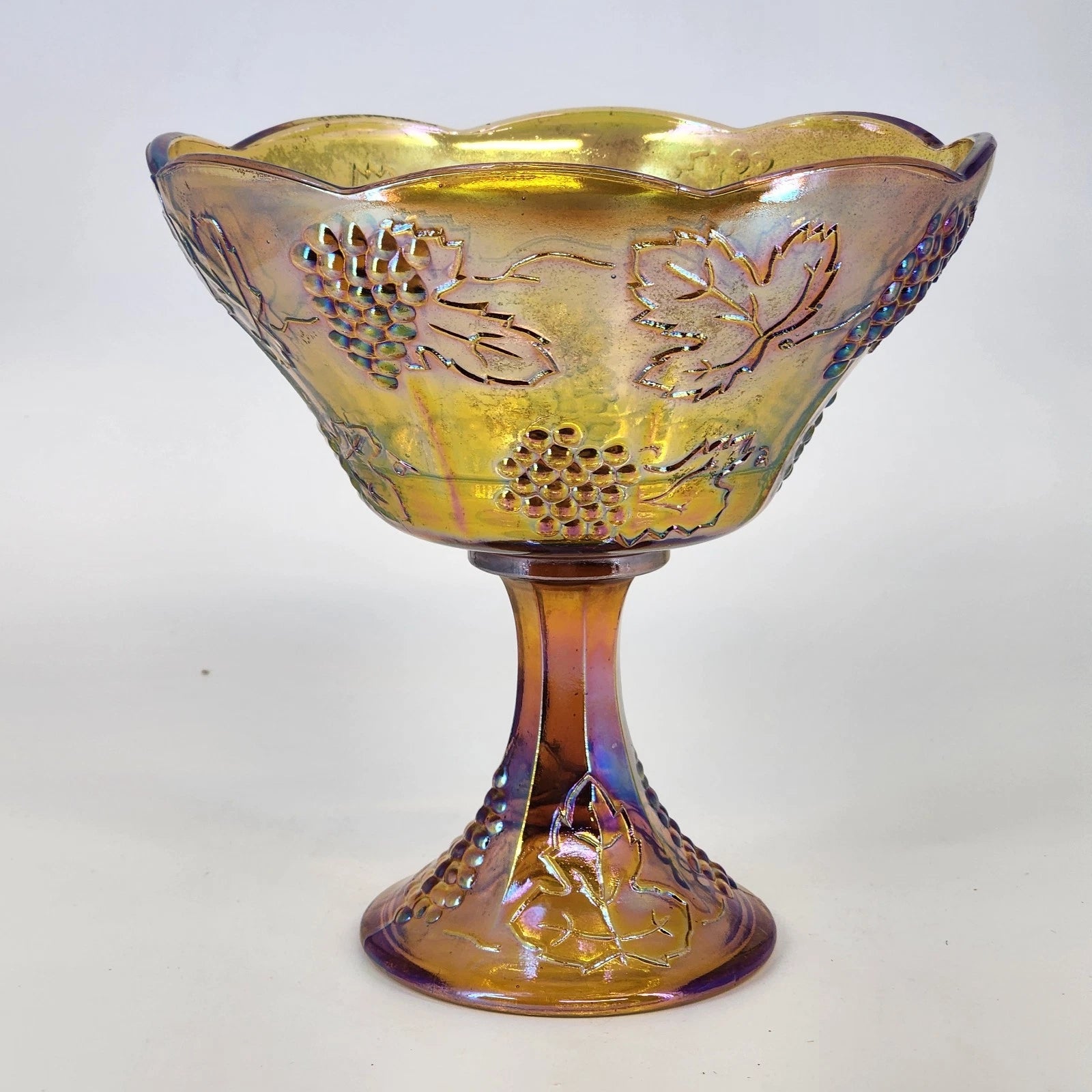 Indiana Glass Harvest Grape marigold carnival glass pedestal compote bowl