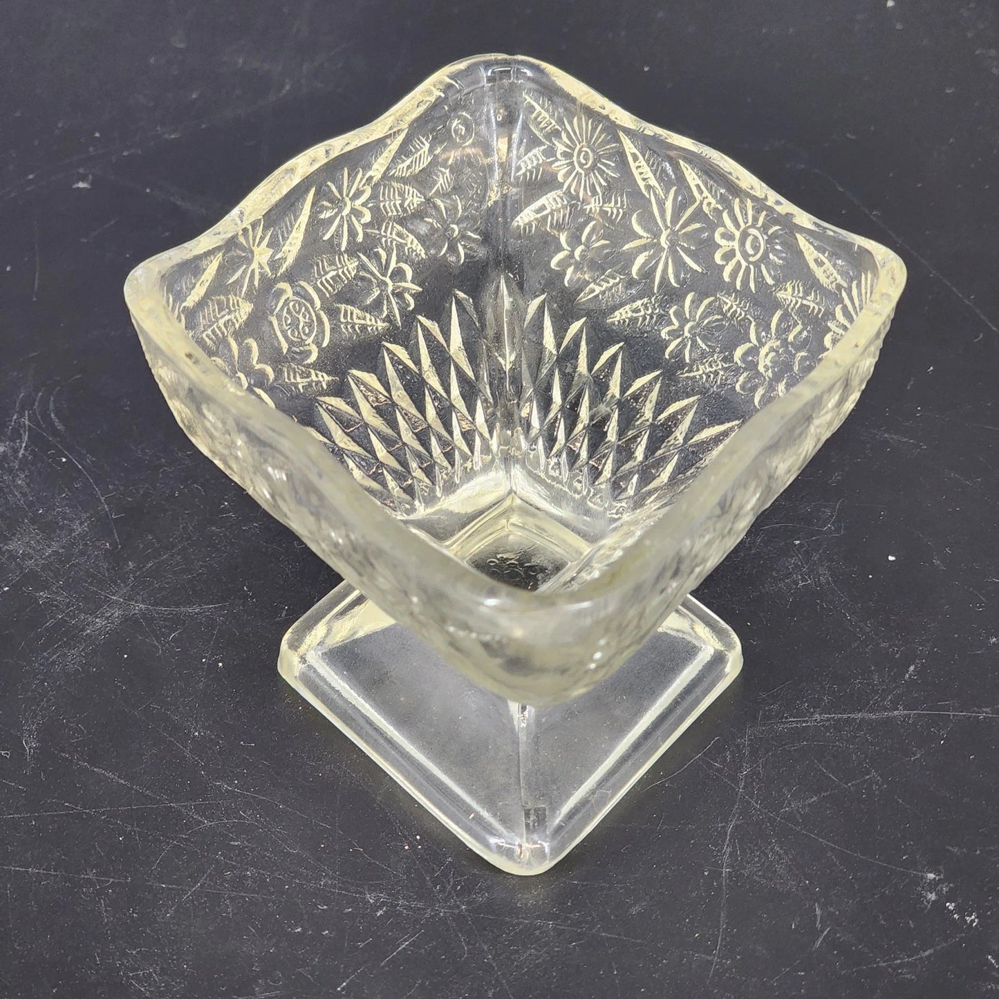Vintage Indiana Glass clear pedestal compote dish with pineapple floral pattern