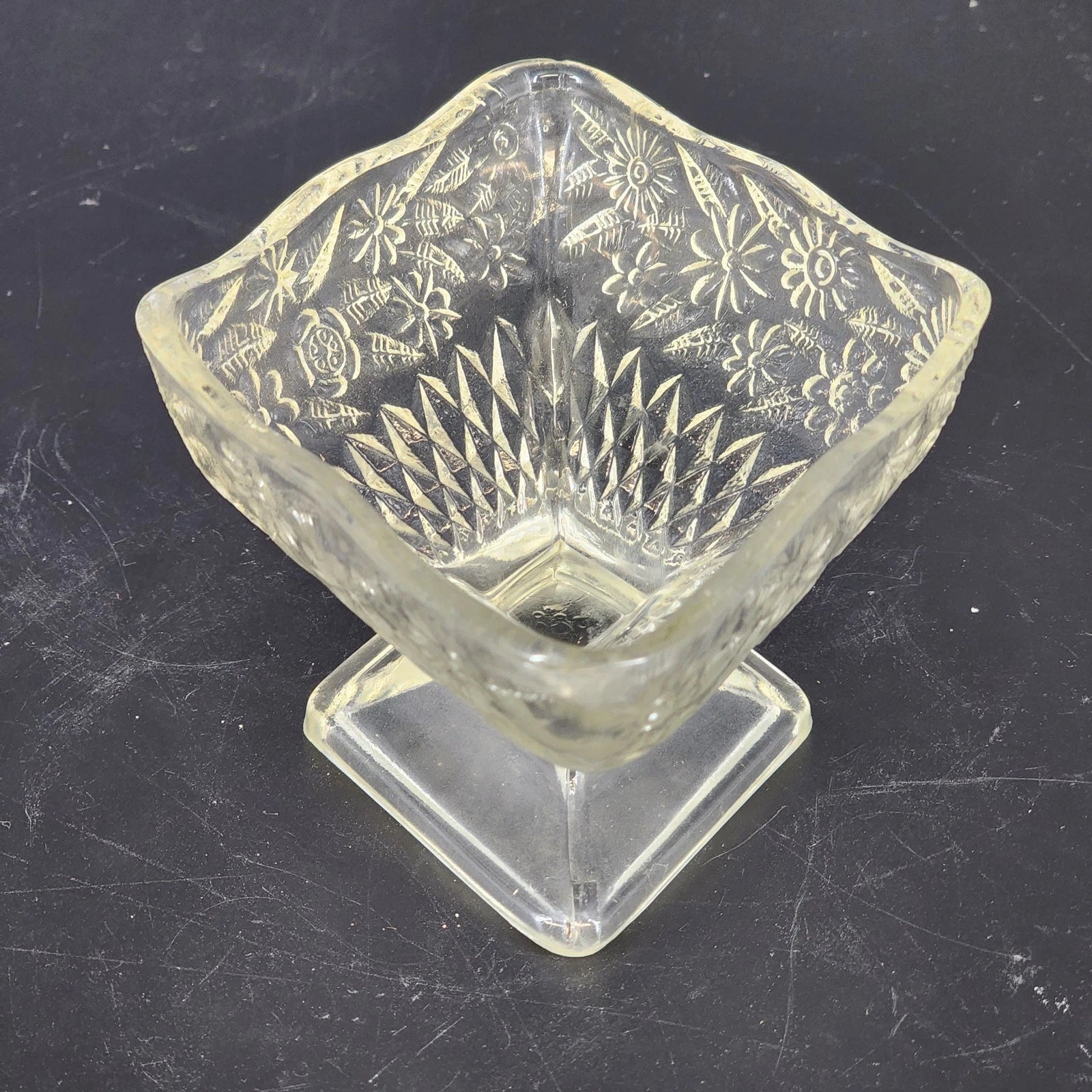 Vintage Indiana Glass clear pedestal compote dish with pineapple floral pattern
