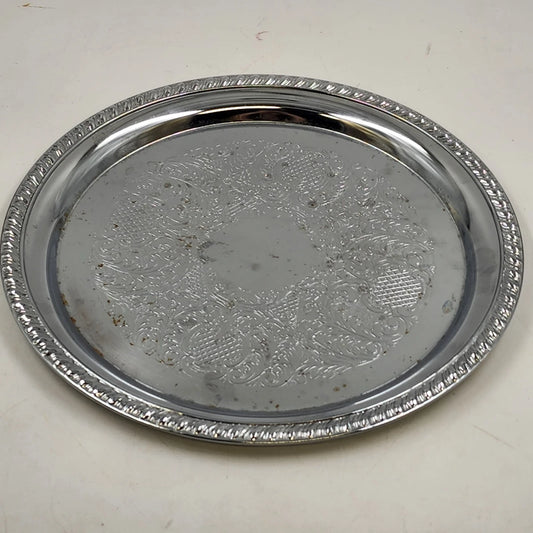 Irvinware silver plated round serving tray with etched scroll design