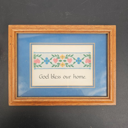 Framed God Bless Our Home stitched floral wall art