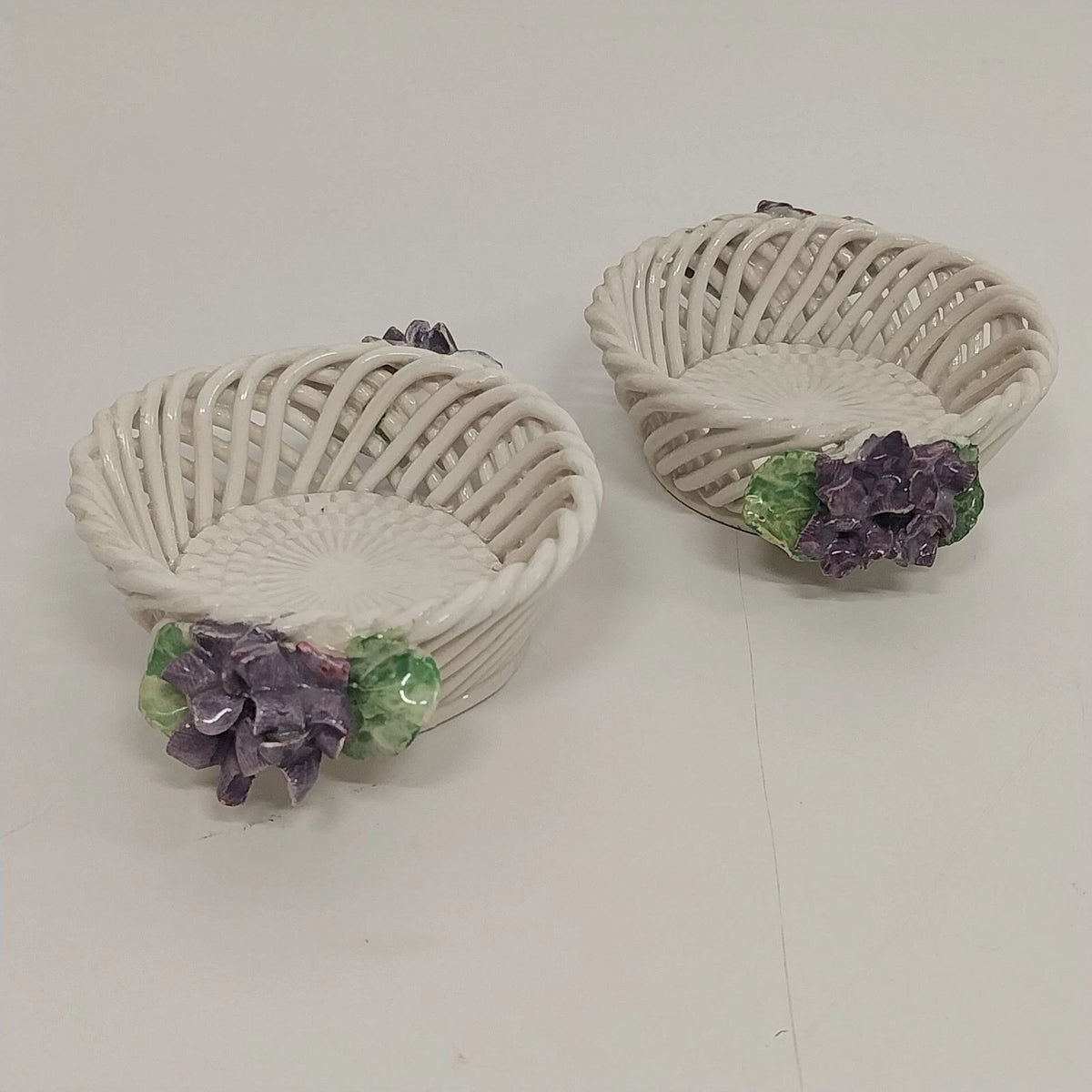 Vintage Italian ceramic lattice baskets with purple violet flowers
