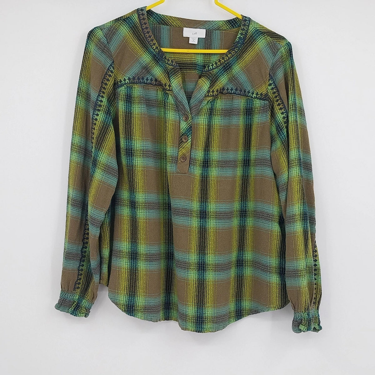 J.Jill women's plaid popover shirt with green, brown and blue tones