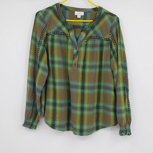 J.Jill women's plaid popover shirt with green, brown and blue tones