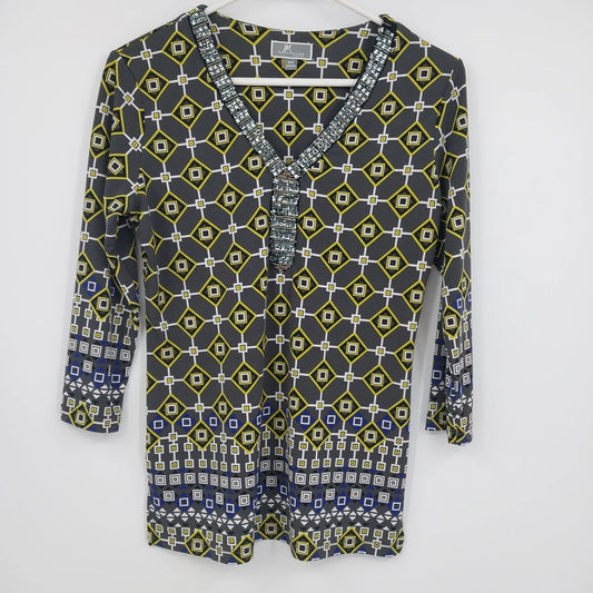 JM Collection Petite geometric print beaded V neck top P/P