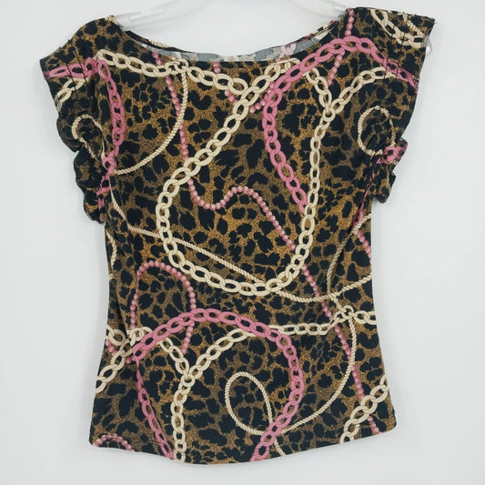 JTB women's leopard print top with pink chain design petite large