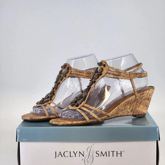 Jaclyn Smith Rimini tan wedge sandals rhinestone cork heel