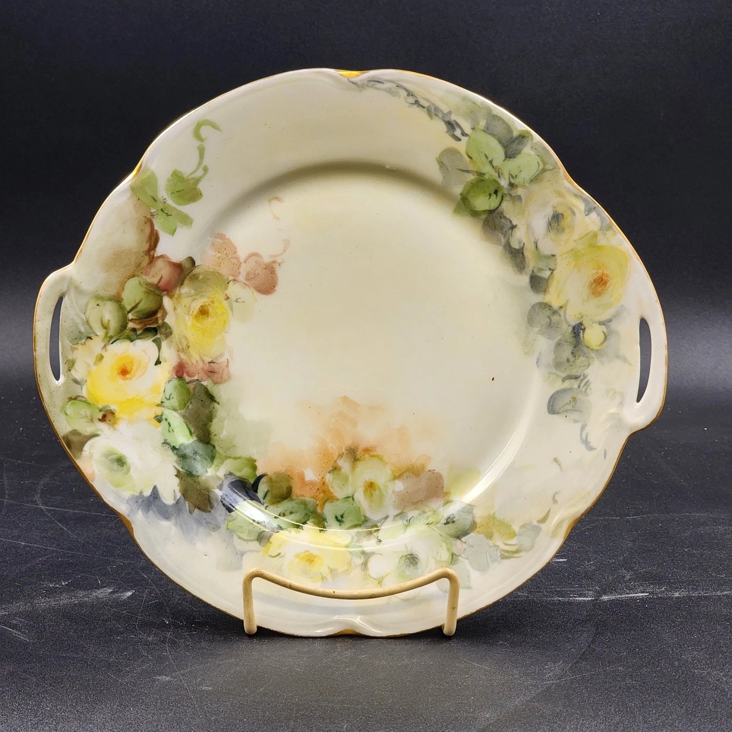 Jaeger Louise Bavaria hand painted porcelain plate with yellow roses and gold trim