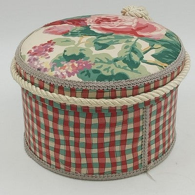 Jan Sevadjian floral striped fabric hat box with cord trim