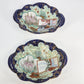 Set of two Japanese hand painted porcelain oval dishes with cobalt blue raised handles