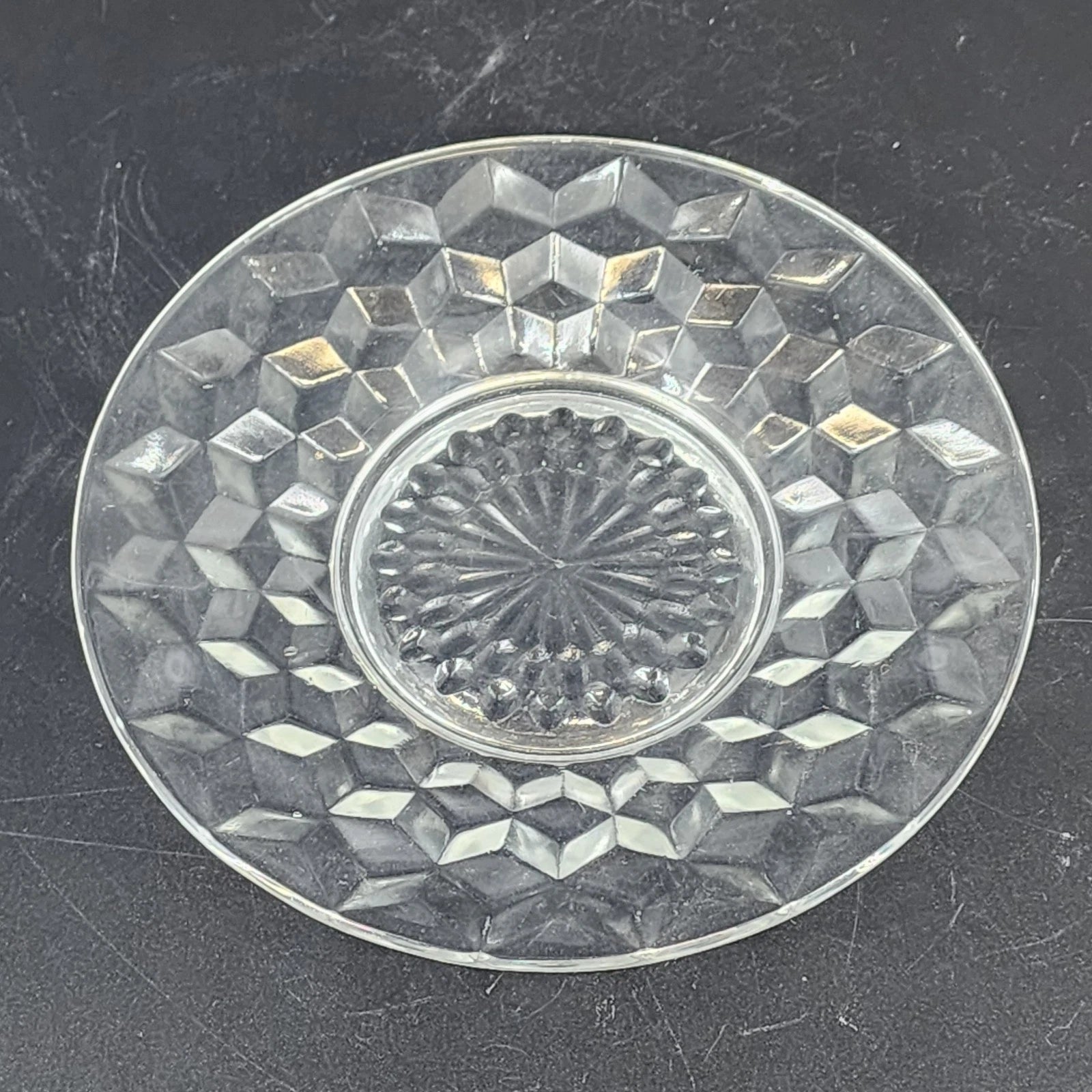 Vintage Jeannette clear Depression glass bread plate with cube geometric pattern