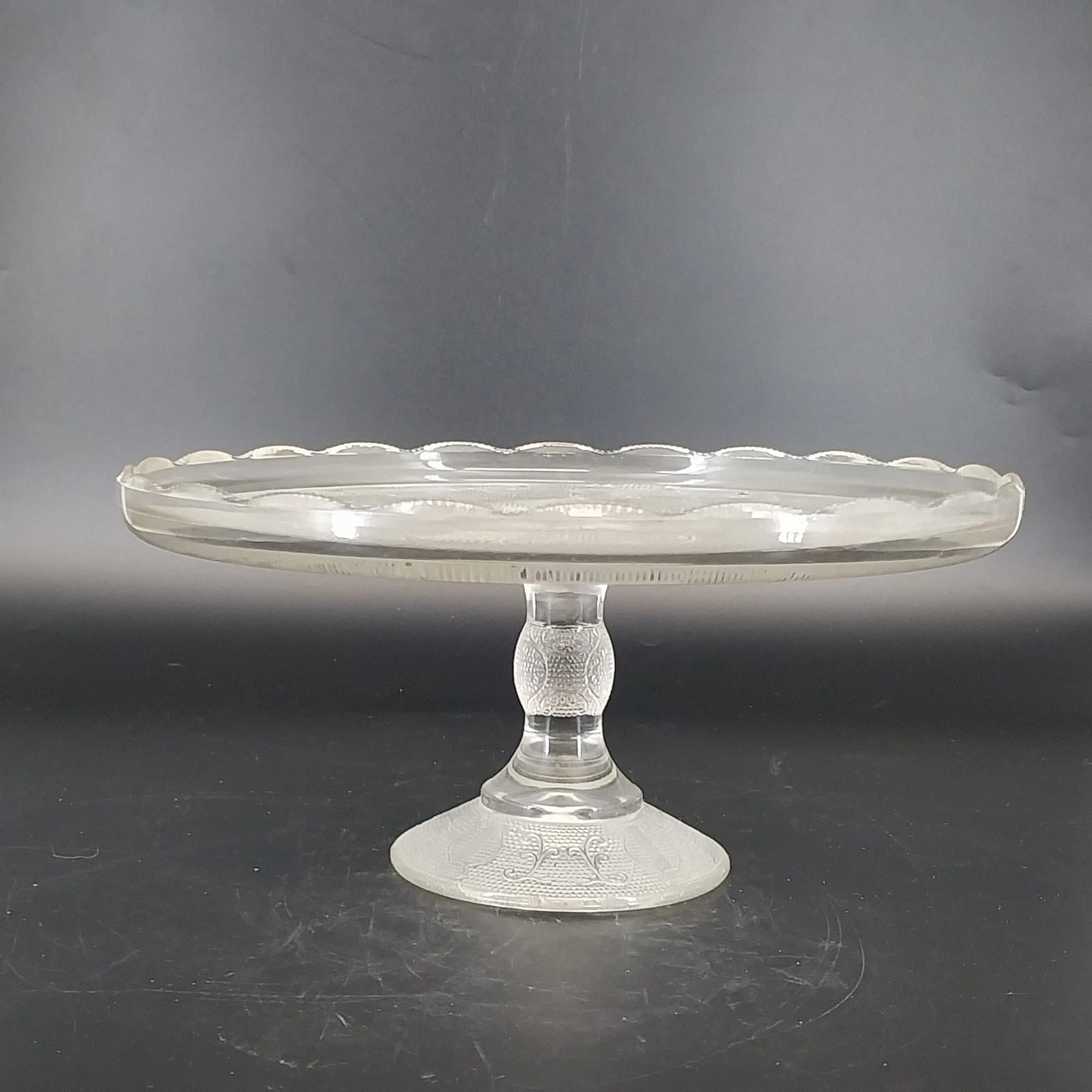 Vintage Jeannette Glass pedestal cake stand with clear Harp pattern